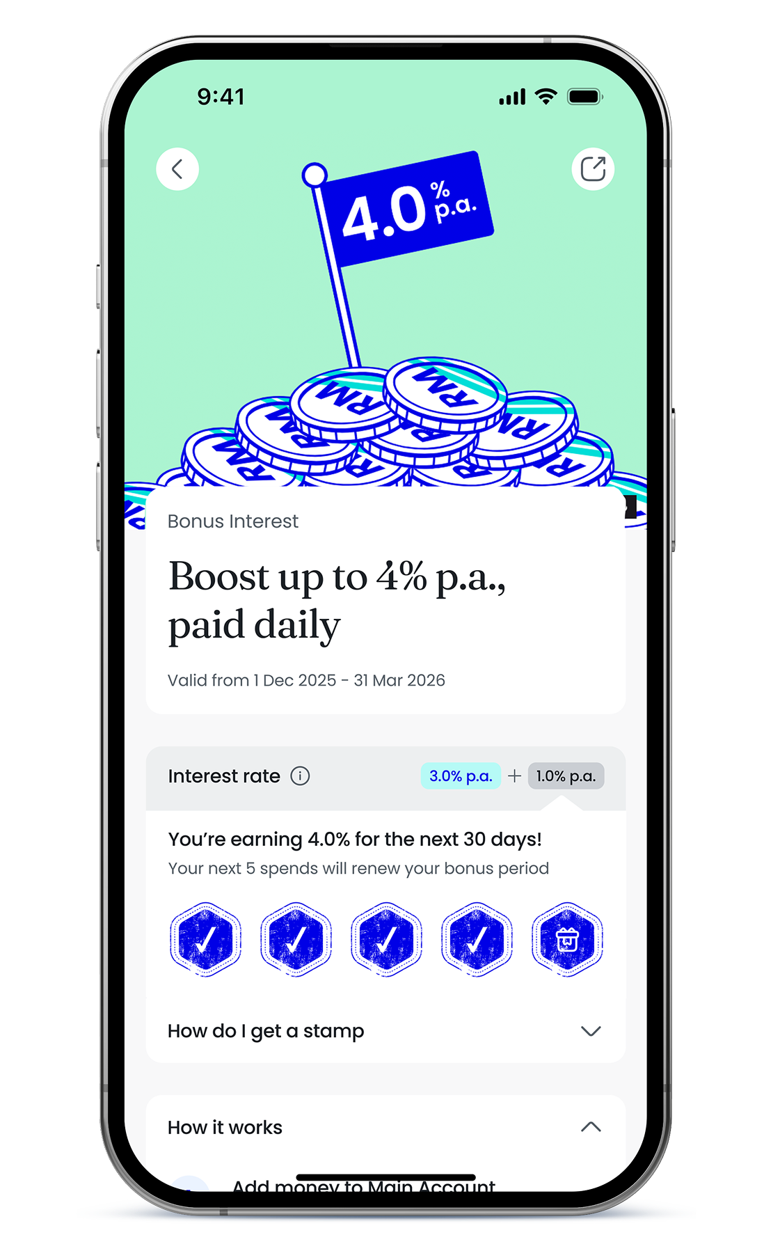 Collect 5 stamps to unlock Bonus rate by spending with your Ryt Card or make JomPay bill payment. Minimum RM10 per transaction.<br /><br />1 successful transaction = 1 stamp. Maximum 1 stamp per day.